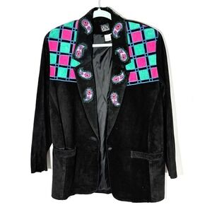 VTG Gantos Black Suede Leather Blazer Jacket Beaded Paisley Embellished sz M 80s